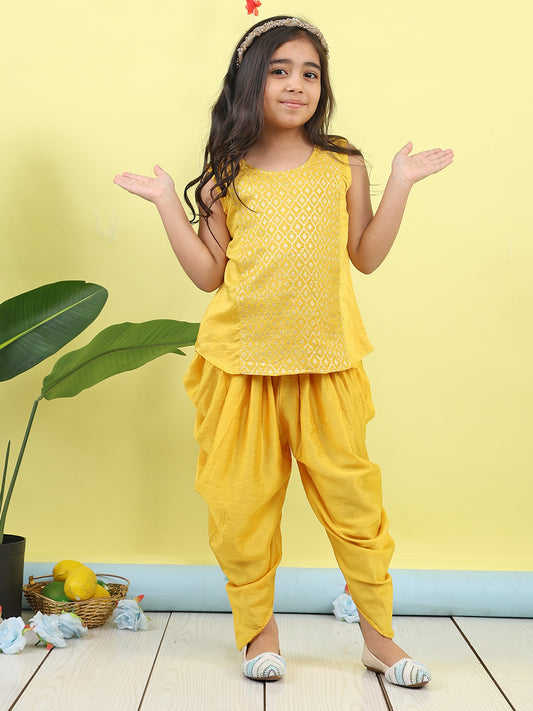 Yellow Jaquard sleeveless kurti with yellow dhoti pant