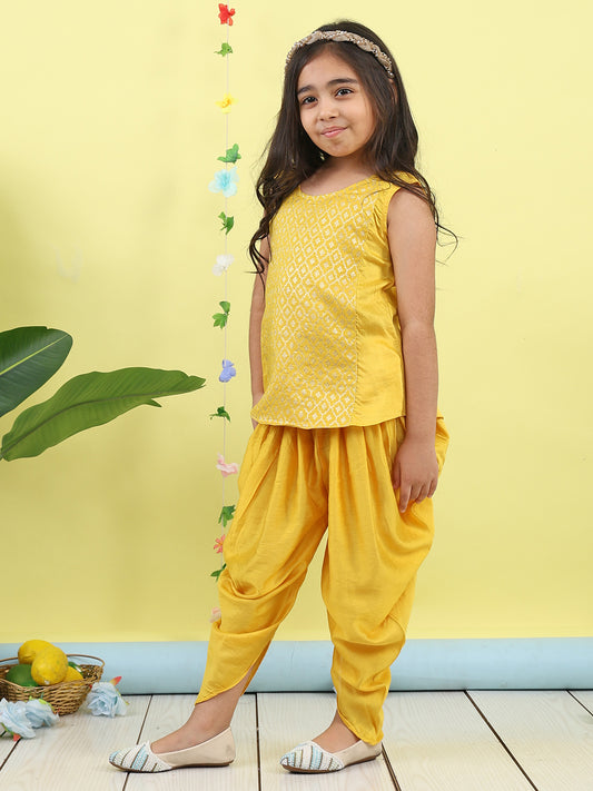 Yellow Jaquard sleeveless kurti with yellow dhoti pant