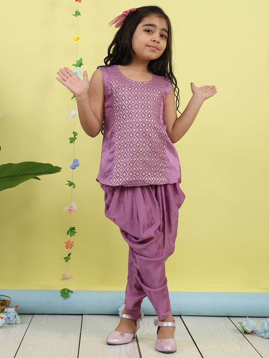 Purple Jaquard sleeveless kurti with purple dhoti pant