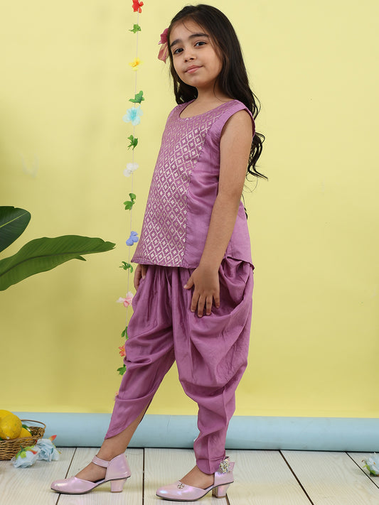 Purple Jaquard sleeveless kurti with purple dhoti pant