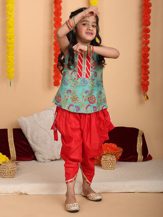 Green printed sleeveless kurti with Red dhoti