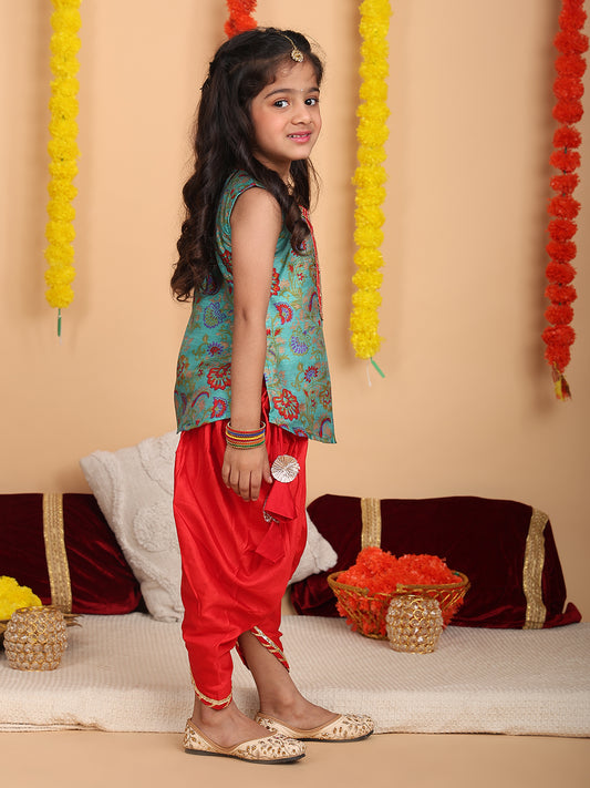 Green printed sleeveless kurti with Red dhoti
