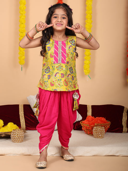 Yellow printed sleeveless kurti with Pink dhoti