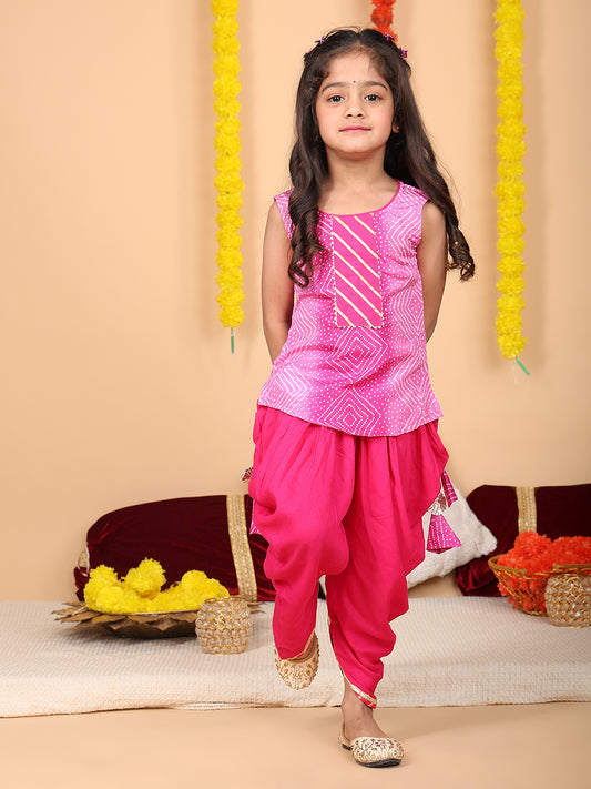Pink printed sleeveless kurti with Pink dhoti
