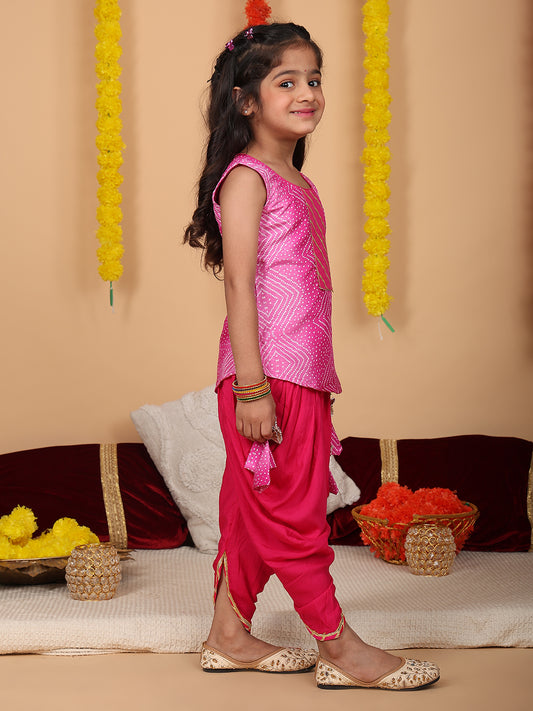 Pink printed sleeveless kurti with Pink dhoti