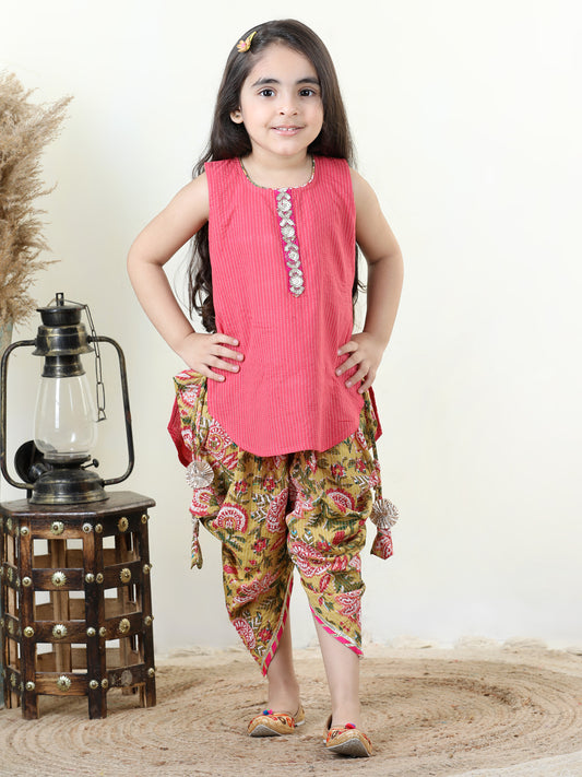 Yellow Floral printed dhoti paired with Peach katha Kurti with a lace border at the neckline