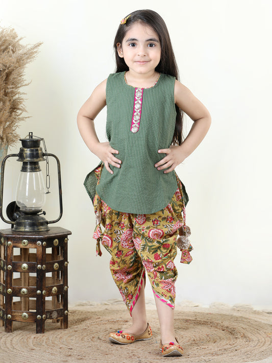 Yellow Floral printed dhoti paired with Green katha Kurti with a lace border at the neckline