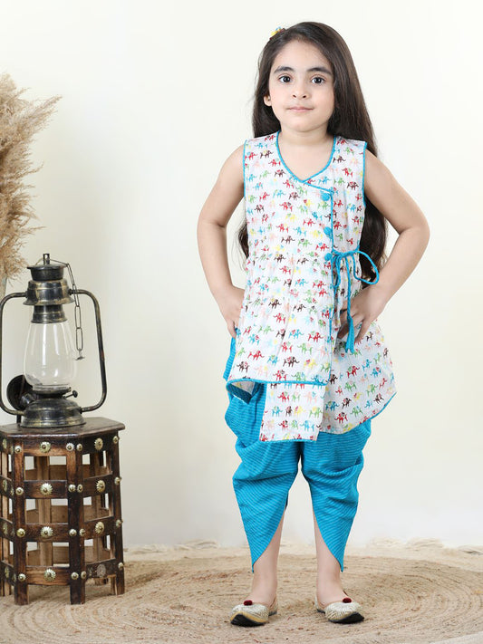 Elephant printed kurti with Blue katha dhoti