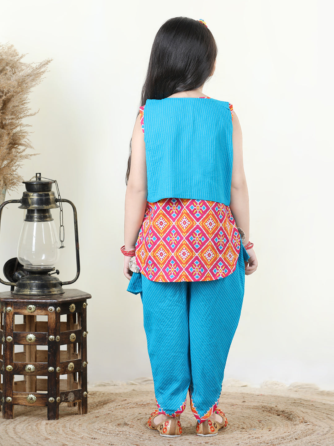 Patola printed dhoti kurti with Blue katha dhoti and embroidered Jacket