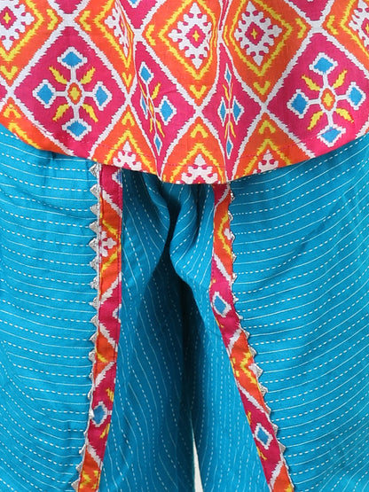 Patola printed dhoti kurti with Blue katha  dhoti and embroidered Jacket