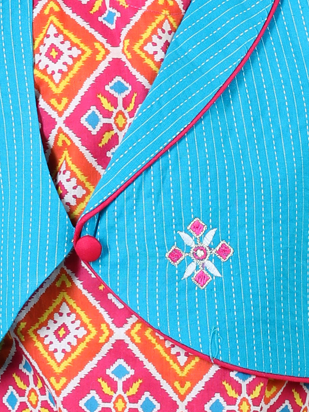 Patola printed dhoti kurti with Blue katha dhoti and embroidered Jacket