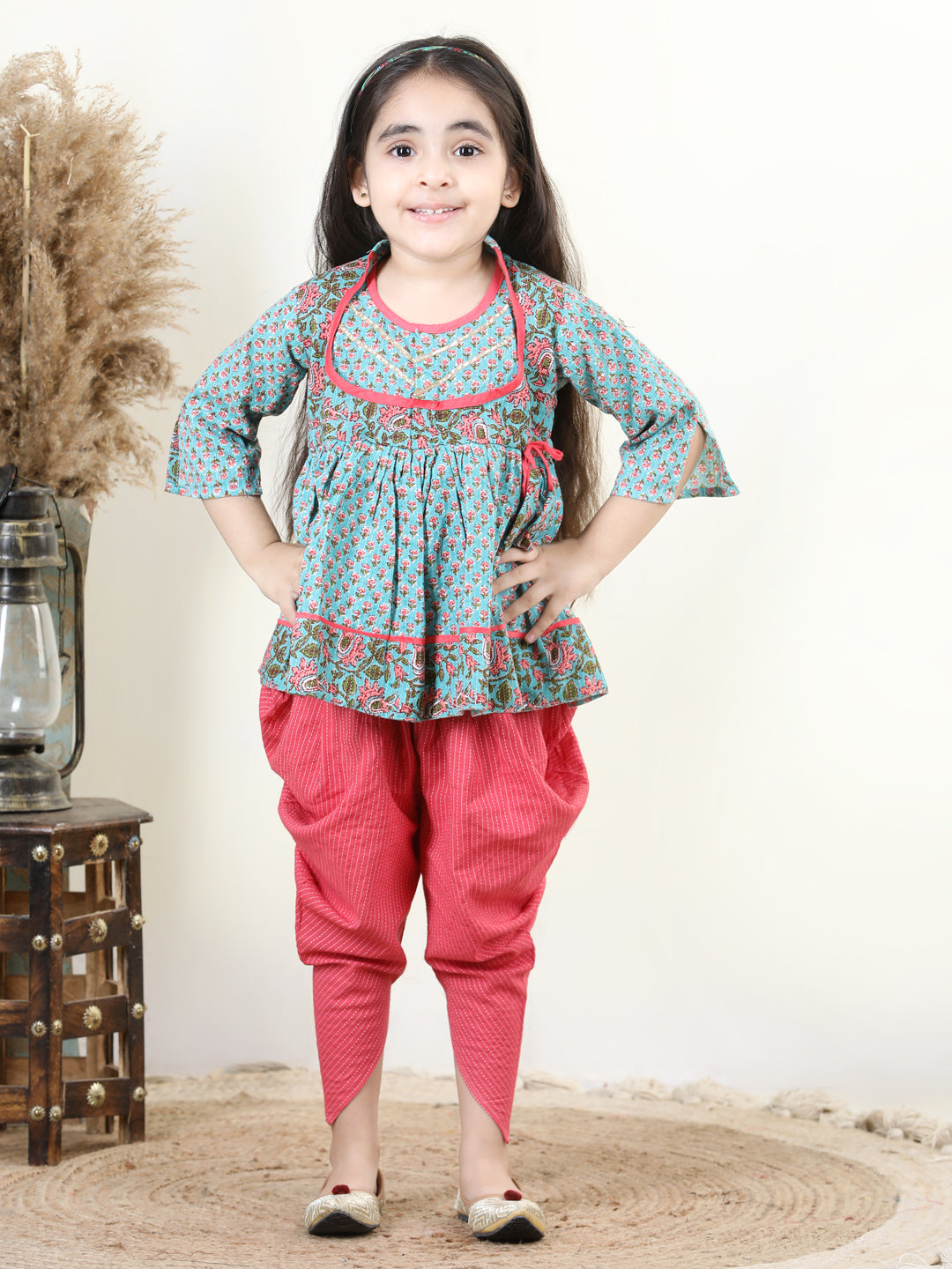 Floral printed Angrakha Style kurti paired with dhoti- Blue, Peach
