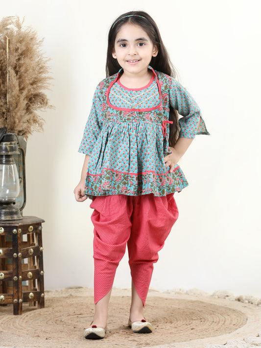 Floral printed Angrakha Style kurti paired with dhoti- Blue, Peach