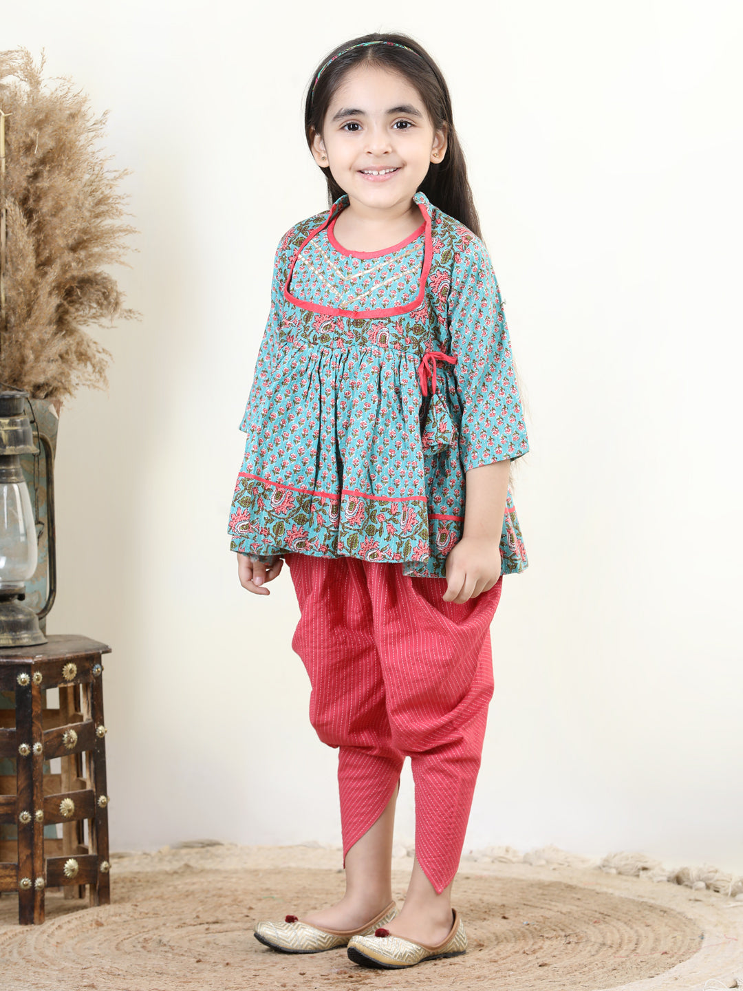 Floral printed Angrakha Style kurti paired with dhoti- Blue, Peach