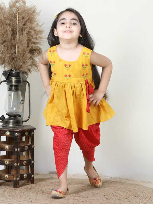 Yellow Embroidered kurti paired with dhoti