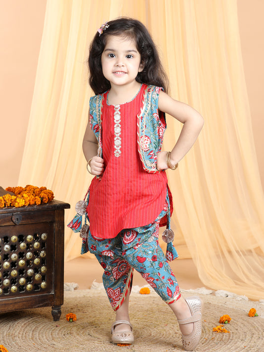 Floral printed dhoti and Jacket paired with katha Kurti