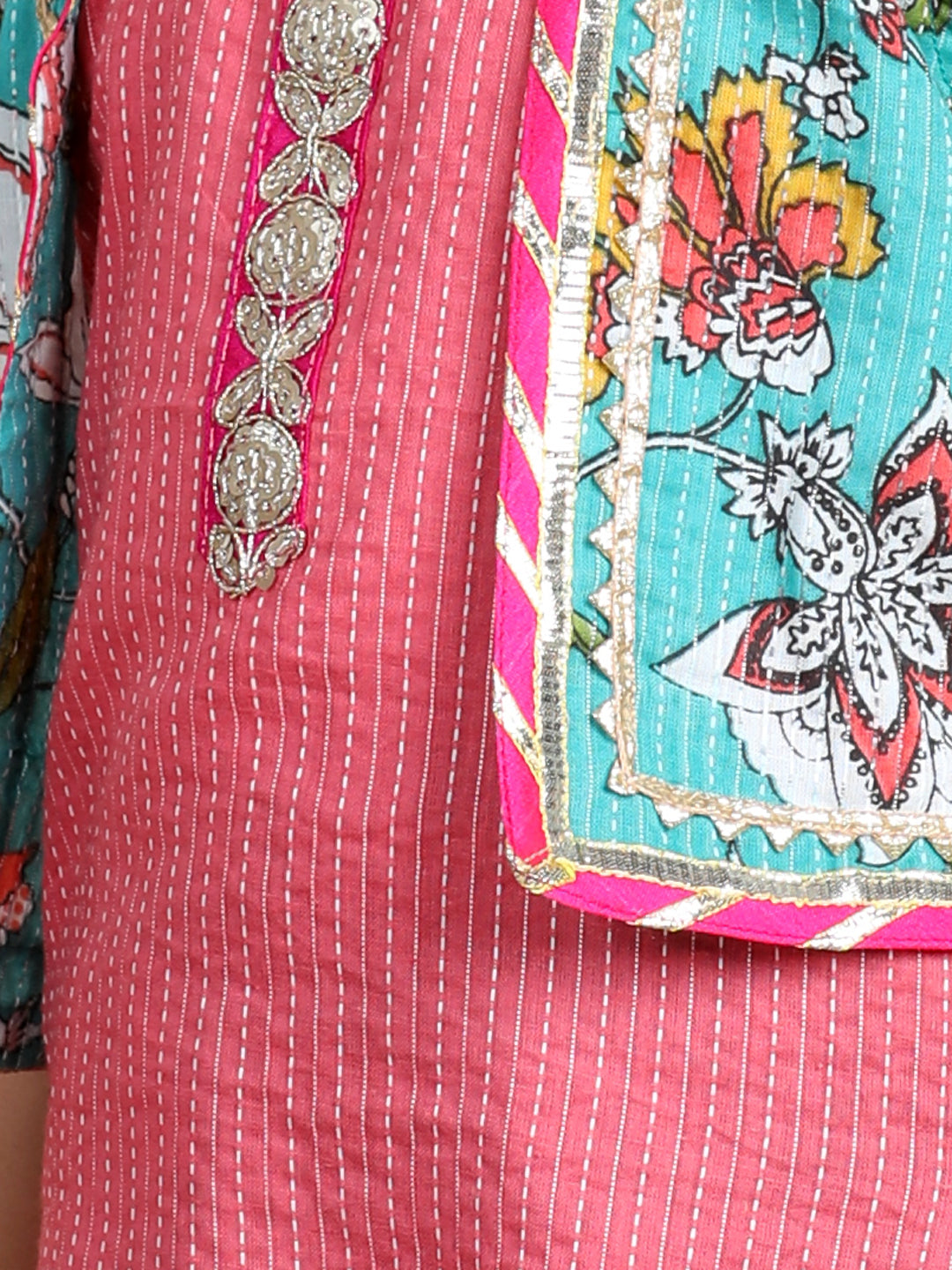 Floral printed dhoti and Jacket paired with Peach katha Kurti