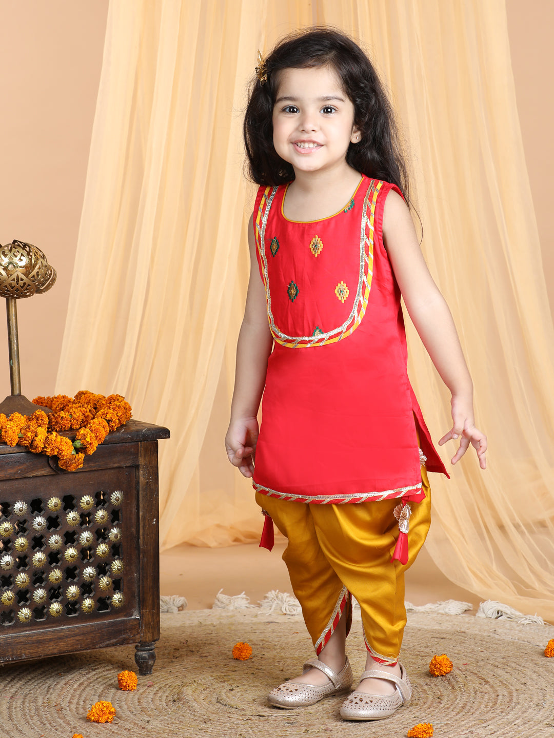 Red Embroidered Sleeveless kurti with dhoti