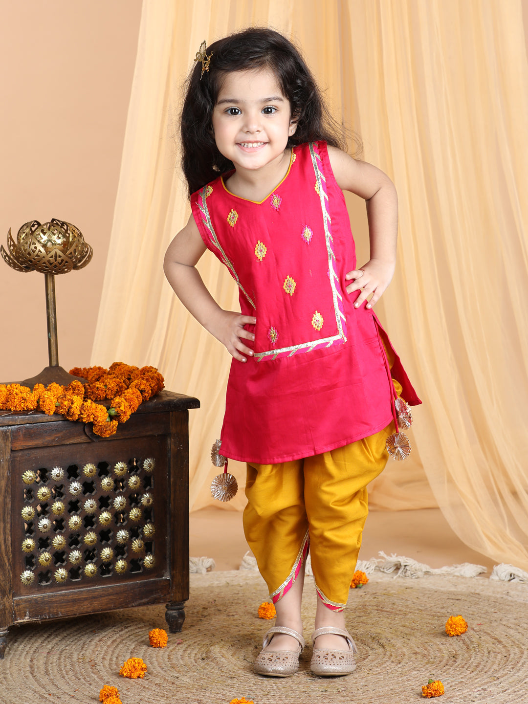 Pink Embroidered Sleeveless kurti with dhoti