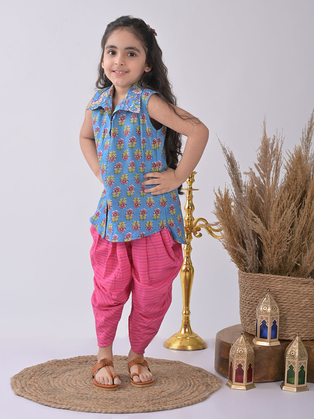 Blue Floral shirt style Kurti with pink katha dhoti