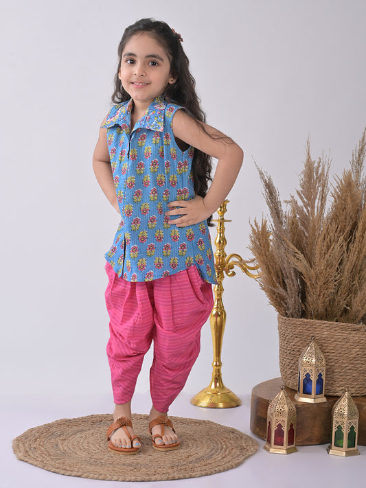 Blue Floral shirt style Kurti with pink katha dhoti