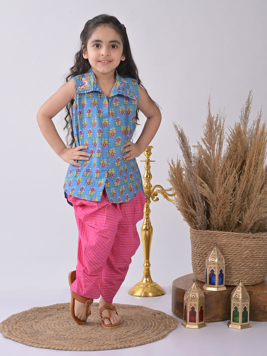 Blue Floral shirt style Kurti with pink katha dhoti