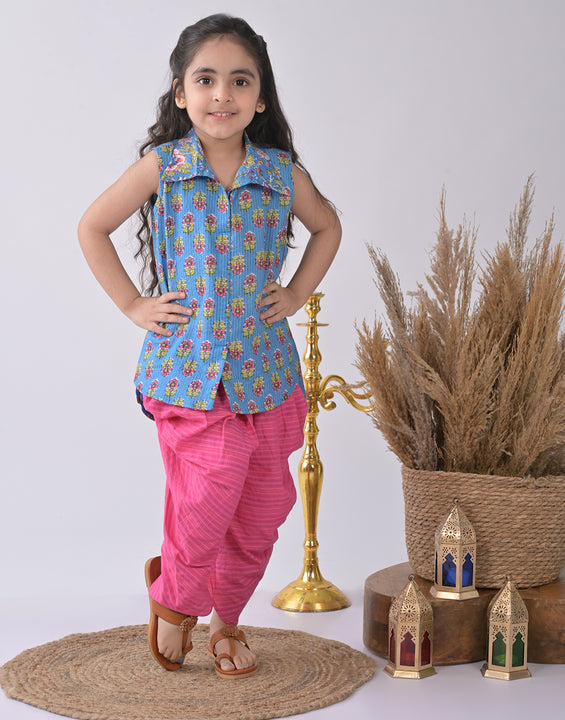 Blue Floral shirt style Kurti with pink katha dhoti