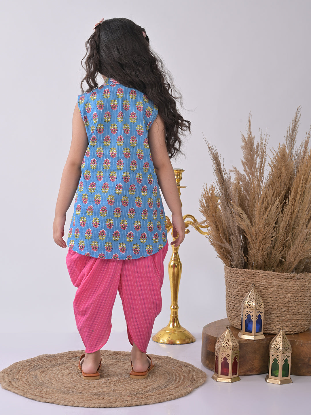 Blue Floral shirt style Kurti with pink katha dhoti
