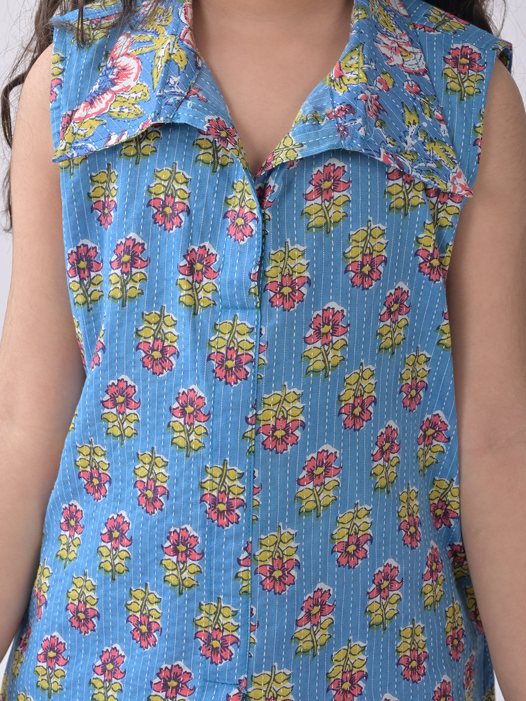 Blue Floral shirt style Kurti with pink katha dhoti