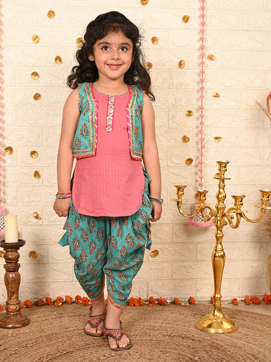 Green Floral printed dhoti and Jacket paired with Peach  Kurti