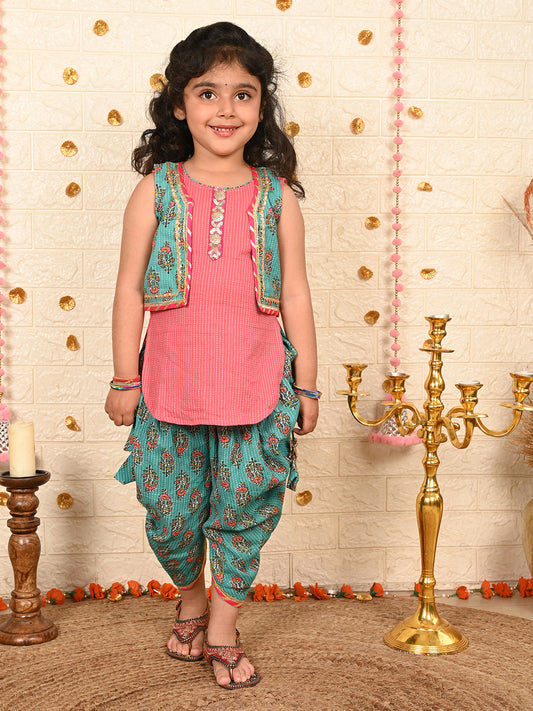 Green Floral printed dhoti and Jacket paired with Peach Kurti