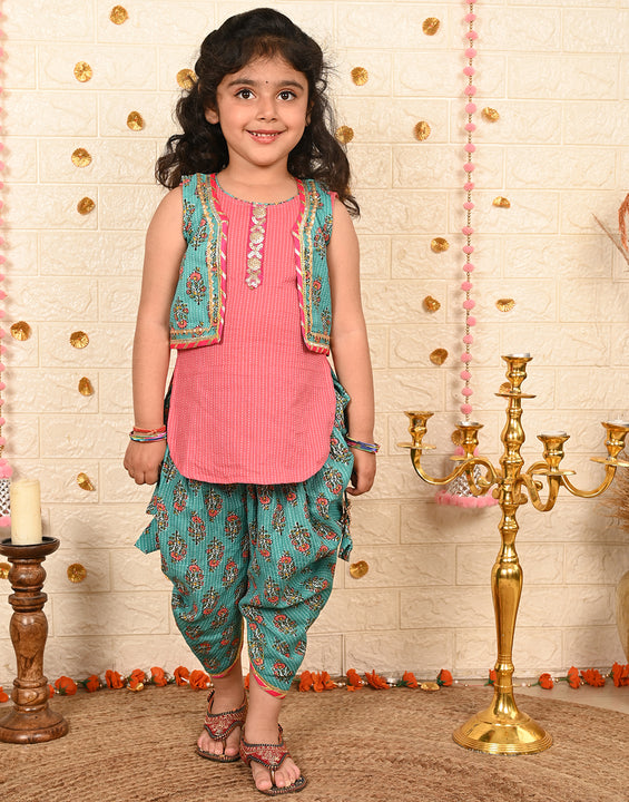 Green Floral printed dhoti and Jacket paired with Peach  Kurti