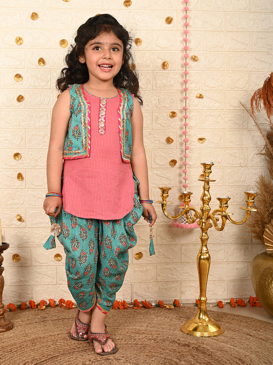 Green Floral printed dhoti and Jacket paired with Peach Kurti