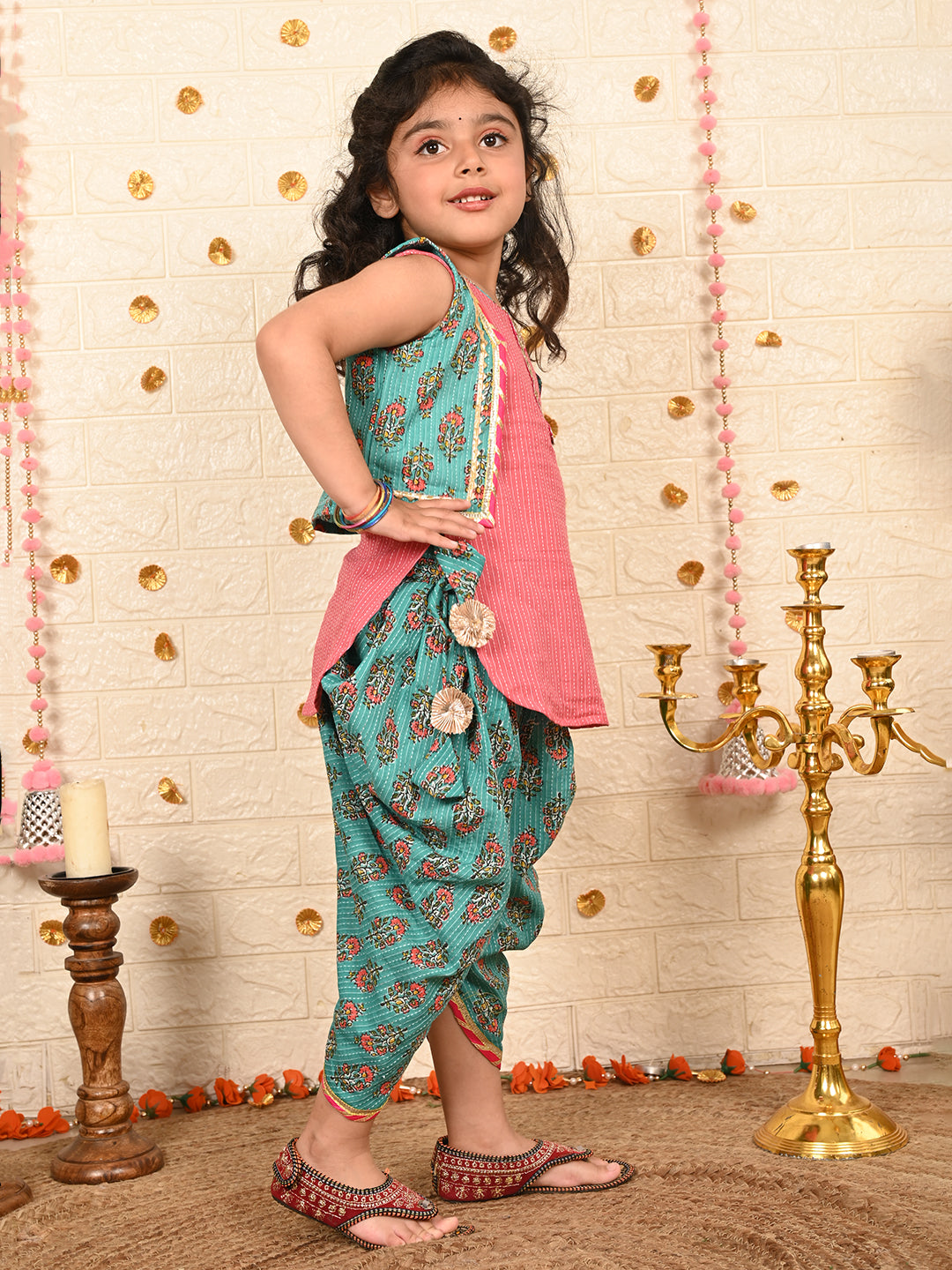 Green Floral printed dhoti and Jacket paired with Peach Kurti