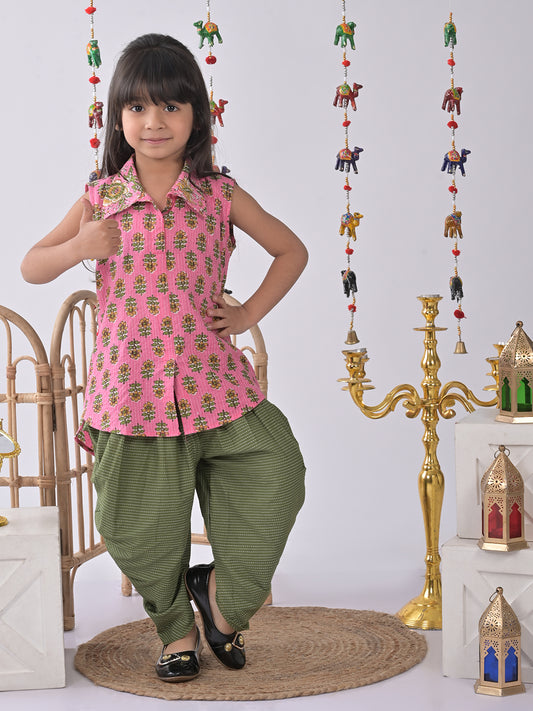 Pink Floral shirt style Kurti with green katha dhoti
