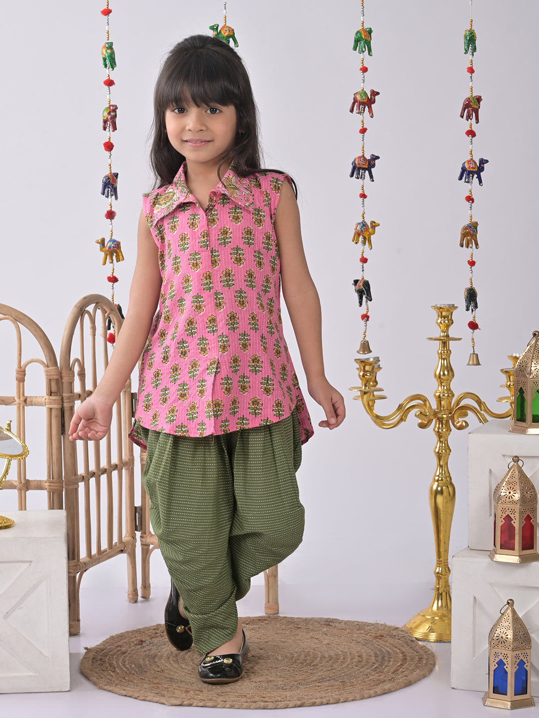Pink Floral shirt style Kurti with green katha dhoti