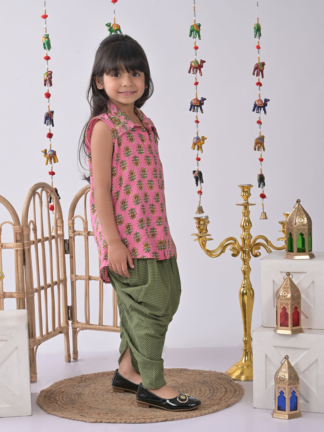 Pink Floral shirt style Kurti with green katha dhoti