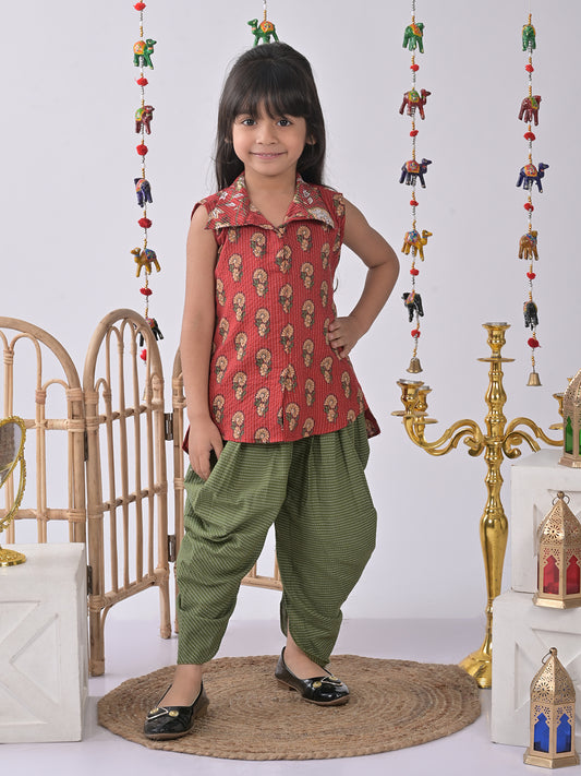 Red Floral shirt style Kurti with green katha dhoti