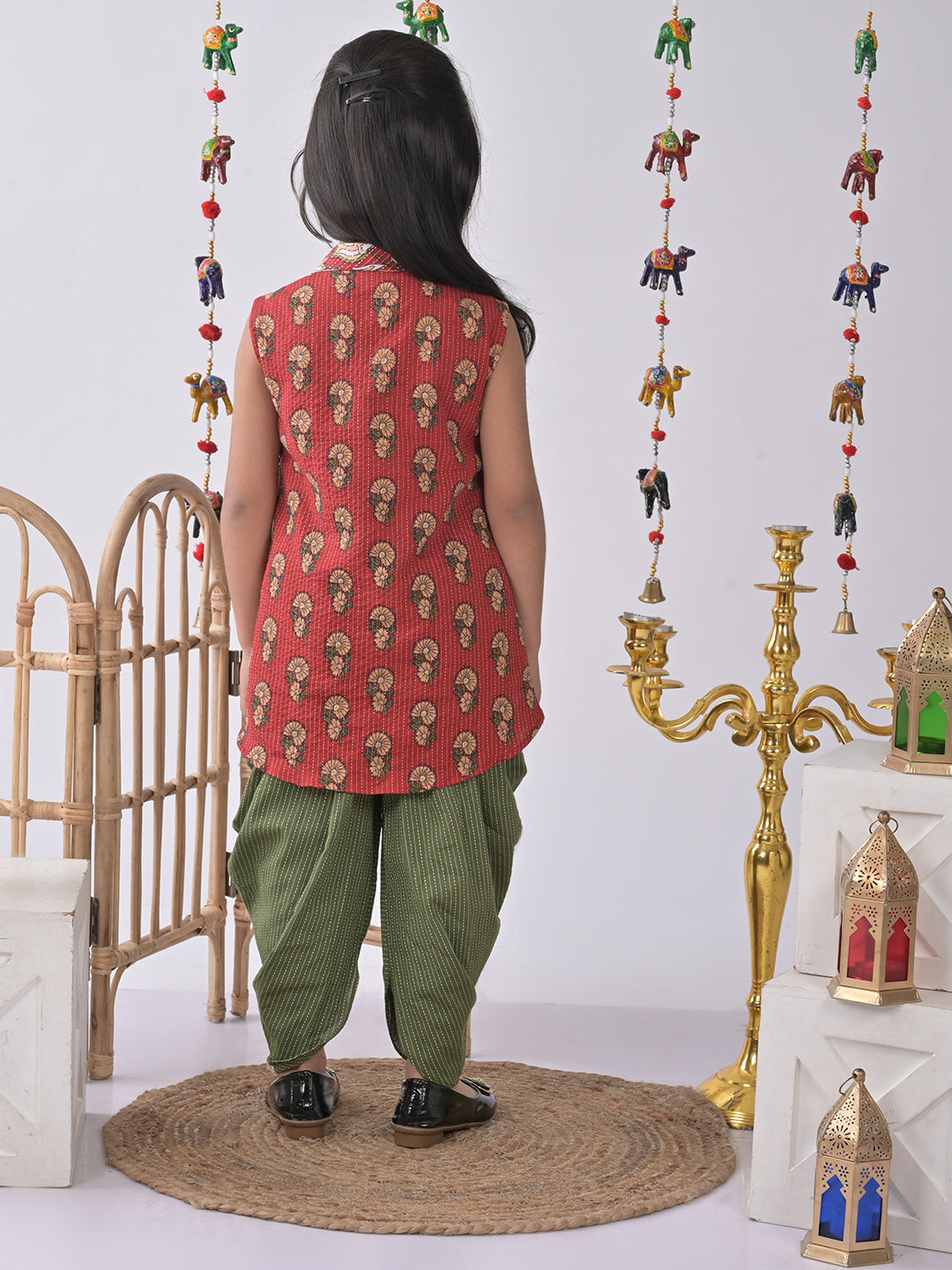 Red Floral shirt style Kurti with green katha dhoti