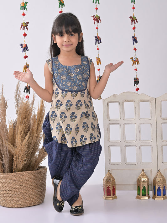 Blue and white printed Kurti with blue katha dhoti