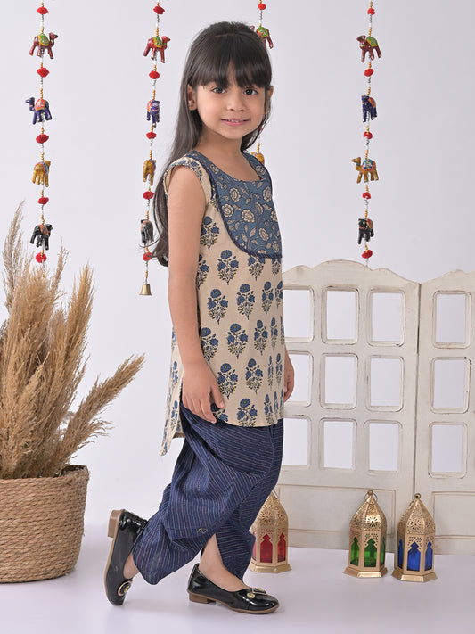 Blue and white printed Kurti with blue katha dhoti