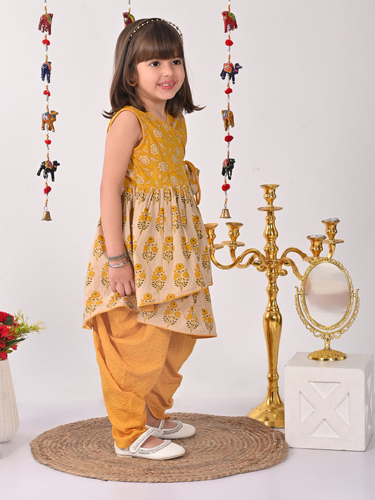 Yellow and white printed high low Kurti with Yellow dhoti