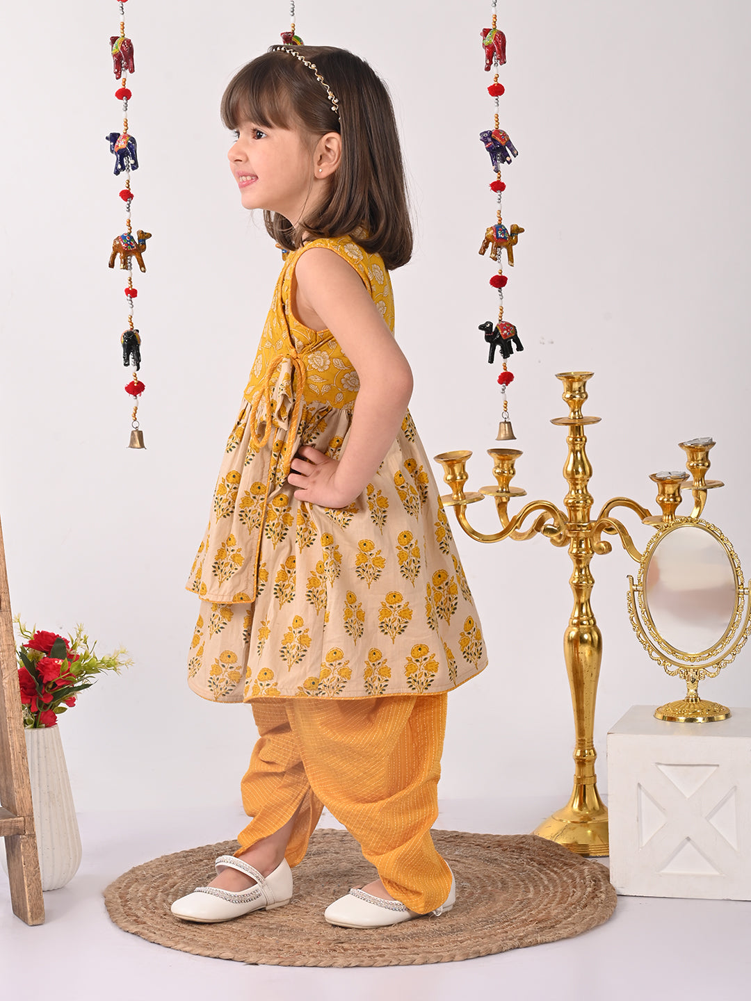 Yellow and white printed high low Kurti with Yellow dhoti