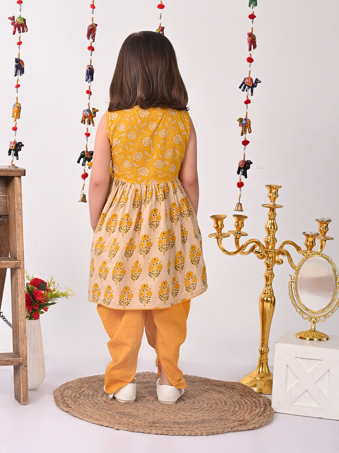 Yellow and white printed high low Kurti with Yellow dhoti