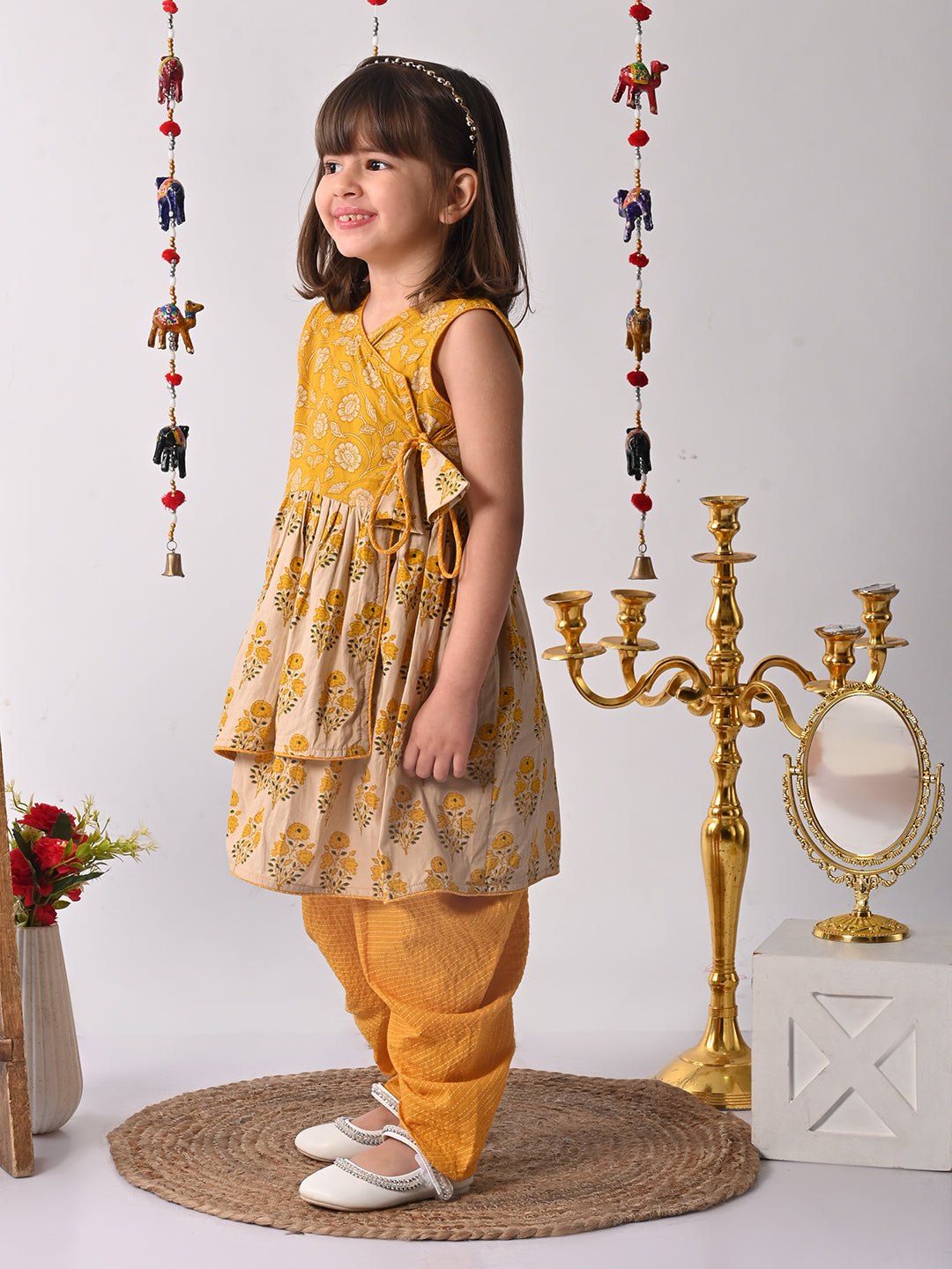 Yellow and white printed high low Kurti with Yellow dhoti