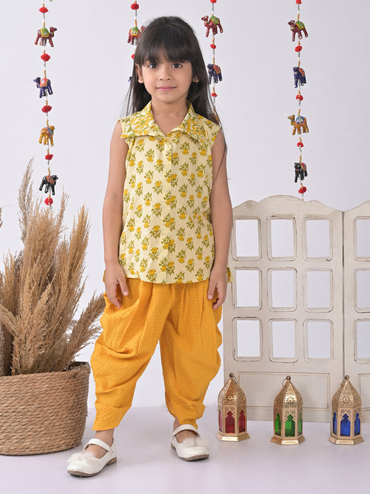 Yellow Floral shirt style Kurti with yellow katha dhoti