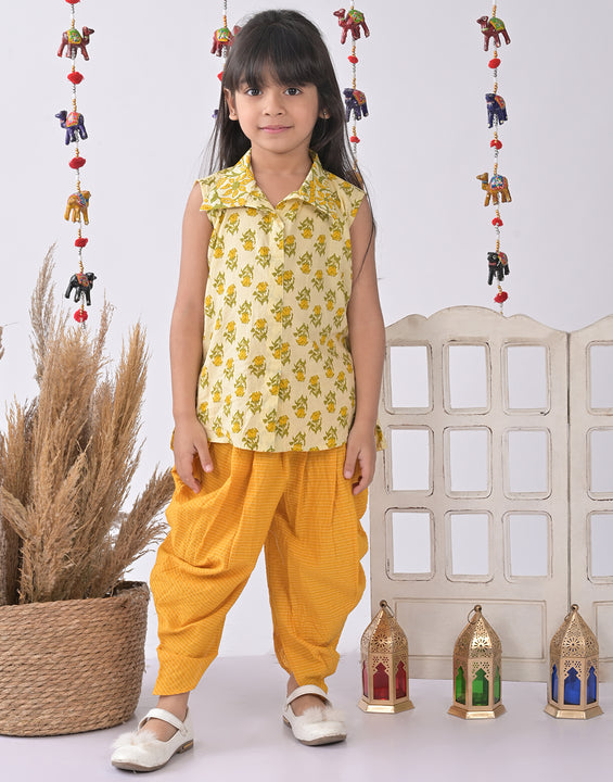 Yellow Floral shirt style Kurti with yellow katha dhoti