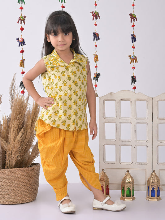 Yellow Floral shirt style Kurti with yellow katha dhoti
