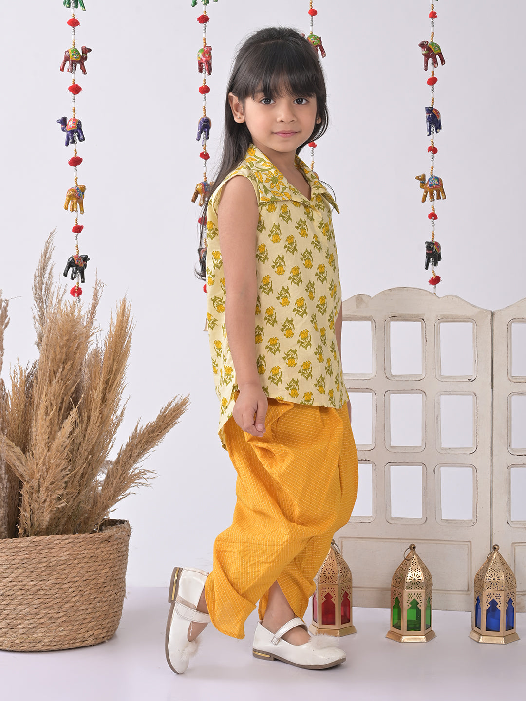 Yellow Floral shirt style Kurti with yellow katha dhoti