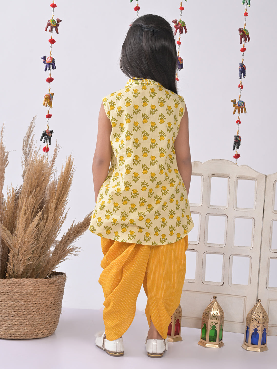 Yellow Floral shirt style Kurti with yellow katha dhoti